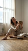Young woman in beige robe sitting on floor holding ceramic bowl in bright morning light by window. Peaceful home wellness and mindfulness concept.