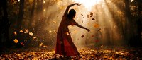 Woman in flowing red dress dancing gracefully among falling autumn leaves in golden sunlit forest with magical atmosphere and warm light rays.