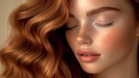 Young woman with flowing copper red hair and natural makeup showcasing beauty skincare routine with soft lighting and warm tones for cosmetic advertising.