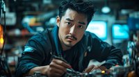 Young Asian man in black jacket sitting at bar counter with dramatic cinematic lighting and moody blue tones, intense emotional expression in urban nightlife setting.