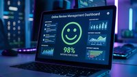Online review management dashboard displaying 98% satisfaction score with green smiley face icon, analytics charts and customer feedback metrics on laptop screen.