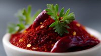 Red chili powder and dried peppers in white ceramic bowl garnished with fresh parsley leaves against dark background, macro food photography.