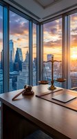 Law office desk with scales of justice and gavel overlooking city skyline at sunset through floor-to-ceiling windows for legal business concepts.