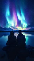 Couple silhouetted against spectacular northern lights display over mountain lake, vibrant aurora borealis in blue, purple and green colors reflecting on calm water.