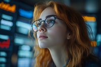 Young professional woman with glasses analyzing data on multiple computer screens in modern office environment for business analytics and technology concepts.