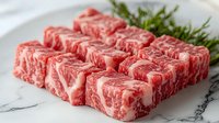 Premium raw wagyu beef cubes with marbled fat texture arranged on marble surface with fresh rosemary garnish for gourmet cooking and culinary preparation.