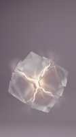 Translucent frosted glass cube with glowing golden light cracks on mauve background, isolated geometric form for modern design, web graphics, and contemporary visual projects.