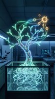Neon glowing tree with illuminated roots and branches bearing golden gears, displayed in glass container within modern laboratory setting, representing growth, innovation, and biotechnology concepts.