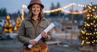 Young Caucasian woman architect holding blueprints at festive construction site with Christmas lights and decorated tree during evening twilight hour.