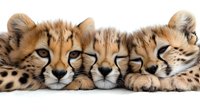Three young cheetah cubs lying in row showing faces and spotted fur pattern on white background, isolated wildlife portrait suitable for conservation themes.