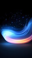 Abstract glowing wave with blue and pink light effects on dark background, featuring luminous particles and digital binary code elements flowing in curved motion.