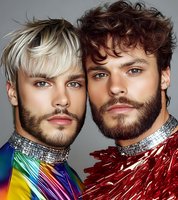 Two male models wearing glamorous outfits with sequined collars pose together - one with platinum blonde hair and one with dark curls. Fashion portrait highlights bold makeup and styling.