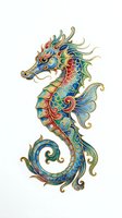 Ornate seahorse with vibrant multicolored scales, flowing fins, and decorative swirls in blue, red, gold, and green tones. Isolated on white background, ready for design applications.