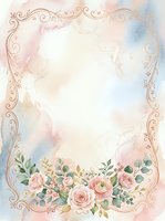 Ornate rose gold filigree frame with watercolor wash background and pink floral arrangement at bottom, isolated on white for wedding invitations, greeting cards, and design projects.