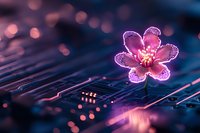 Glowing pink cherry blossom on circuit board with bokeh lights, combining nature and technology in futuristic composition. Digital transformation concept.