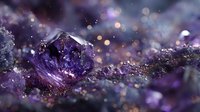 Macro photography of purple amethyst crystal formation with sparkling bokeh effect and rich mineral texture in natural geological setting.