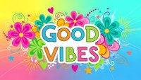 Good vibes text with tropical flowers and decorative elements on colorful gradient background for positive motivation and summer designs.