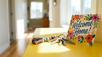 House keys with colorful tassel on yellow table beside floral Welcome Home card in bright entryway, new home concept.