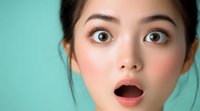 Young Asian woman with wide eyes and open mouth showing shocked surprised expression against turquoise background for advertising and marketing campaigns.
