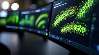 Close-up of computer monitors displaying green data visualization and network analytics in a modern tech workspace with blurred background lighting.