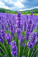 Purple lavender field in full bloom with mountains and cloudy sky background, natural countryside landscape for aromatherapy and wellness concepts.