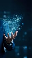 Hand of a businessman in dark suit holding glowing digital DNA helix with numbers and data streams, representing biotechnology, genetic research, innovation, and scientific discovery.