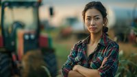 Young Asian female farmer in plaid shirt standing confidently with crossed arms near tractor during sunset on agricultural field, representing modern agriculture and women in farming.