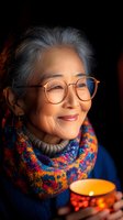 Senior Asian woman with gray hair and glasses wearing colorful knitted scarf holding warm cup in cozy indoor setting with soft lighting.
