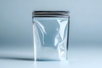 Empty transparent zip lock plastic bag on light blue background. Minimalist packaging mockup for product design and branding presentations.