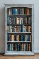 Vintage white wooden bookshelf filled with antique hardcover books in shades of blue, brown and beige, arranged on five shelves against gray wall. Classic library decor.