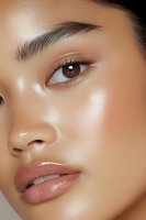 Close-up portrait of Asian woman with flawless glowing skin, brown eyes, defined eyebrows, and glossy nude lips showing natural beauty makeup look.