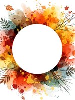 Autumn watercolor frame with vibrant fall leaves, branches and paint splatters surrounding white circle space for text or logo design.