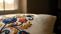 Linen cushion with colorful floral embroidery in blue, red, and gold tones, placed near a sunlit window in a cozy home interior.