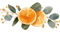 Fresh orange citrus slices with eucalyptus leaves and orange berries arrangement on white background, watercolor style botanical composition.