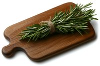 Fresh rosemary sprigs tied with twine on wooden cutting board against white background, isolated culinary herb for cooking and food photography.