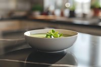 Fresh green pea soup garnished with microgreens served in modern white ceramic bowl on dark countertop, soft natural lighting creates appetizing mood.
