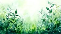 Watercolor green foliage with delicate stems and leaves on soft gradient background, creating fresh botanical atmosphere for nature-themed designs.