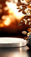 Round marble podium with golden leaves on blurred warm bokeh background, luxury product display platform for cosmetic presentation or jewelry showcase.