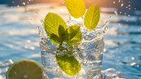 Fresh mint leaves in sparkling water glass with lime slice against ocean backdrop. Refreshing summer drink concept for healthy lifestyle and hydration.