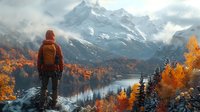 Hiker in orange jacket overlooking mountain lake surrounded by autumn forest with snow-capped peaks rising through clouds in dramatic alpine landscape.