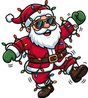 Cool cartoon Santa Claus dancing in sunglasses, wrapped in colorful Christmas lights, isolated on white background, ready for holiday design use.