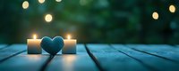 Romantic heart symbol between glowing candles on wooden surface with warm bokeh lights creating intimate atmosphere for love and relationship concepts.
