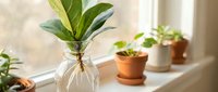 Snake plant cutting with exposed roots in glass vase on sunny windowsill with terracotta pots creating cozy indoor garden atmosphere for home decor.