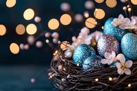 Glittering turquoise and purple Easter eggs nestled in dark twigs nest with delicate white spring blossoms against blurred golden bokeh lights on deep teal background.