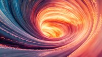 Swirling vortex of orange and blue light creating dynamic spiral tunnel effect with glowing particles and smooth motion blur, abstract cosmic background.