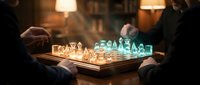 Two players engaged in strategic chess match with glowing translucent pieces on wooden board in cozy library setting with warm ambient lighting.