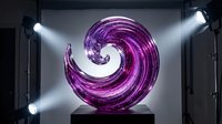 Purple glass spiral sculpture with dynamic swirling form displayed on pedestal under professional studio lighting for modern art and design projects.