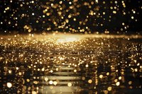 Defocused golden bokeh lights on dark background with reflective surface, suitable for luxury, celebration, and festive design projects.