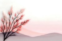 Minimalist pink landscape with delicate cherry blossom tree silhouette against misty mountains at sunrise, creating serene Asian-inspired atmosphere.