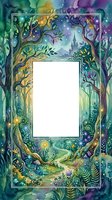 Watercolor enchanted forest frame with glowing trees, magical castle, stars, and flowers surrounding a white copy space for text or design.